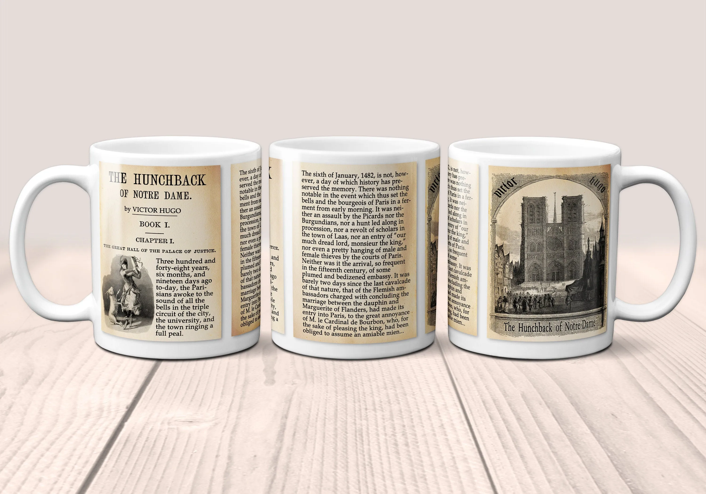 The Hunchback of Notre-Dame (Notre-Dame de Paris) by Victor Hugo Mug. Coffee Mug with Hunchback of Notre-Dame book Title and Book Pages