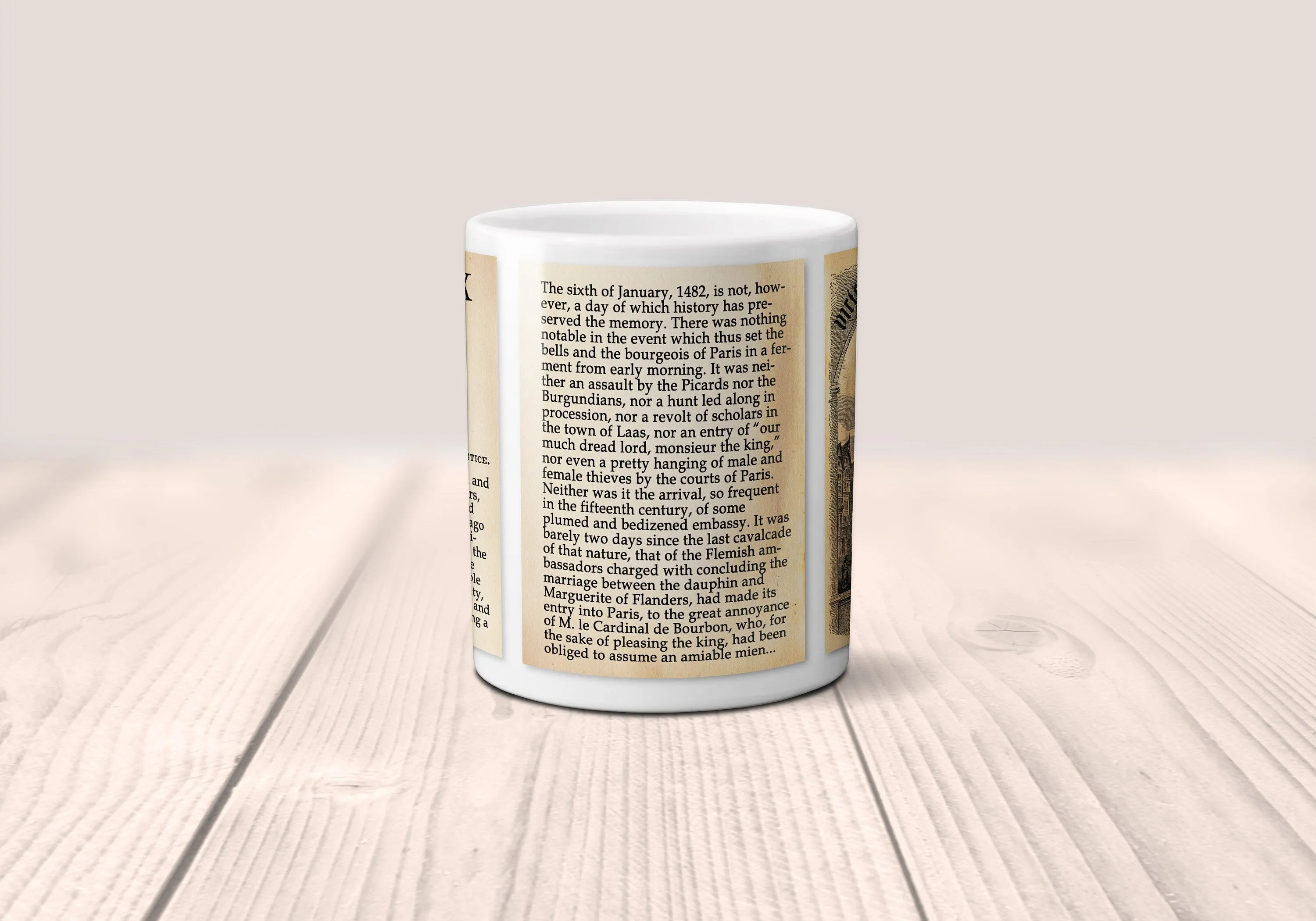 The Hunchback of Notre-Dame (Notre-Dame de Paris) by Victor Hugo Mug. Coffee Mug with Hunchback of Notre-Dame book Title and Book Pages