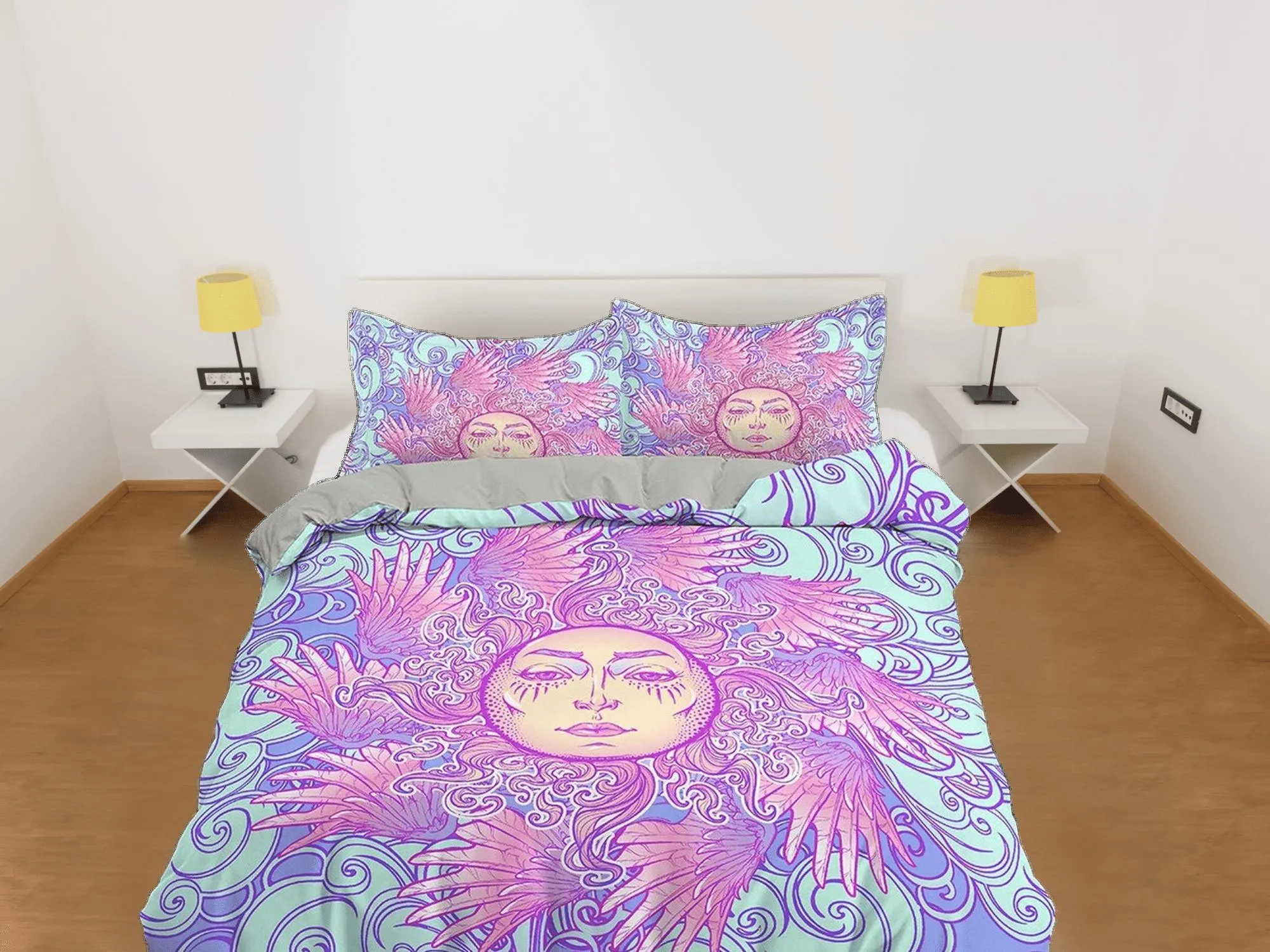 The Sun Tarot Astrology Boho Bedding in Pastel Colors, Dorm Bedding, Duvet Cover Set, Aesthetic Duvet Cover King Queen Full Twin Single