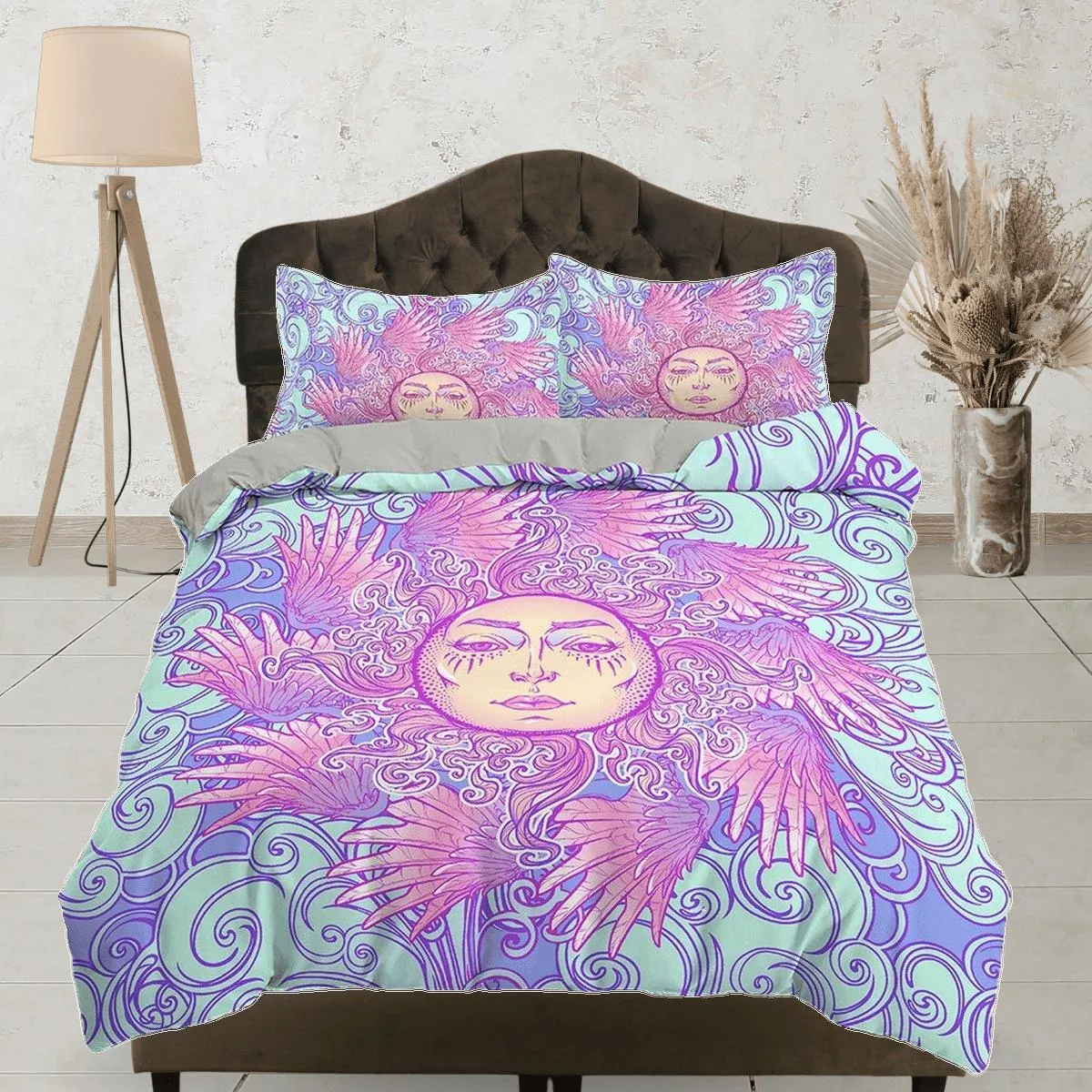 The Sun Tarot Astrology Boho Bedding in Pastel Colors, Dorm Bedding, Duvet Cover Set, Aesthetic Duvet Cover King Queen Full Twin Single