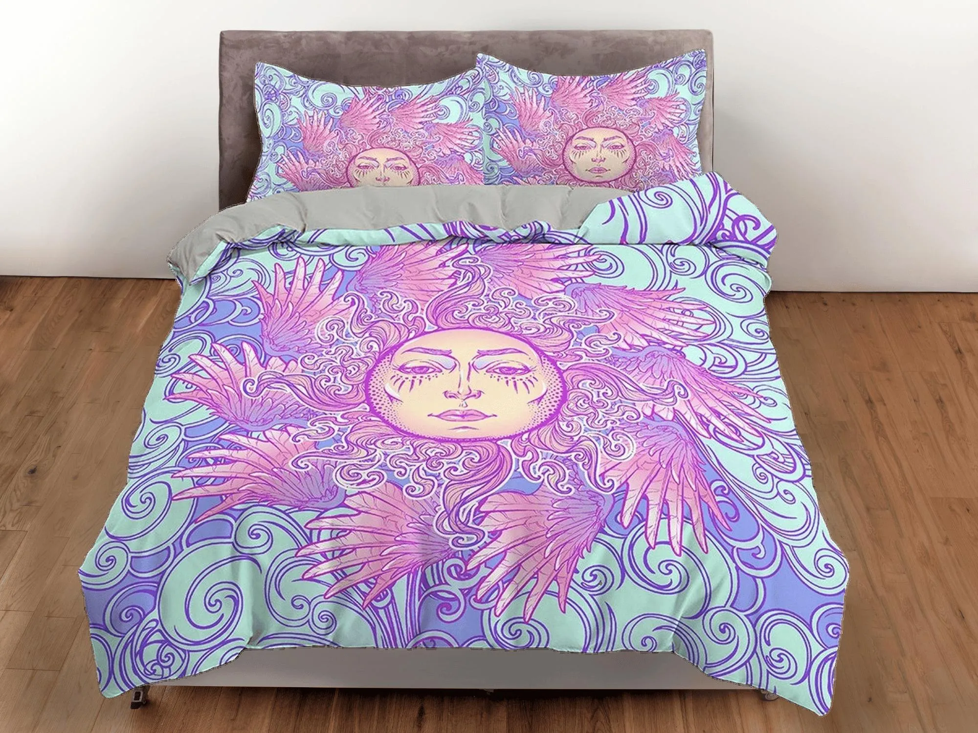 The Sun Tarot Astrology Boho Bedding in Pastel Colors, Dorm Bedding, Duvet Cover Set, Aesthetic Duvet Cover King Queen Full Twin Single