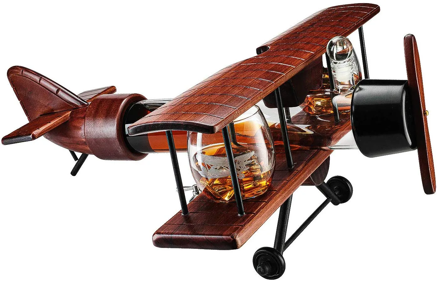 The Wine Savant Whiskey Decanter Airplane Set and Glasses Antique Wood Airplane