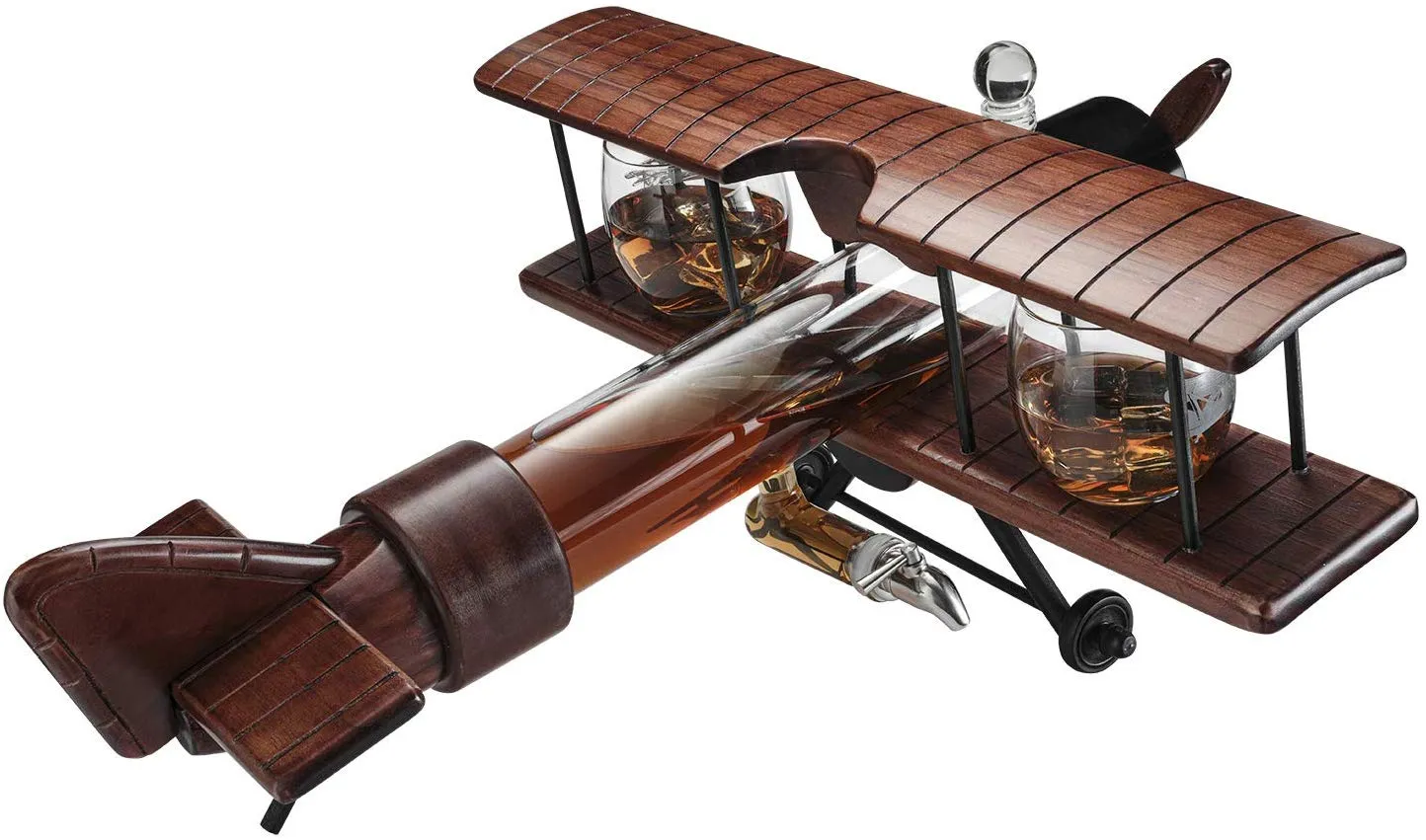 The Wine Savant Whiskey Decanter Airplane Set and Glasses Antique Wood Airplane