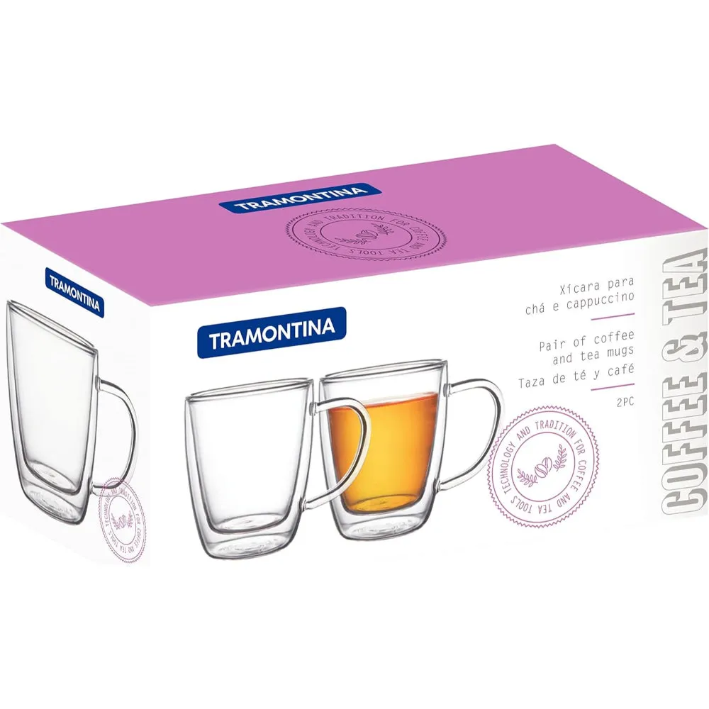 Tramontina Brazil  2 Pieces 270ml Double Walled Glass Coffee and Tea Cup Set with Handles