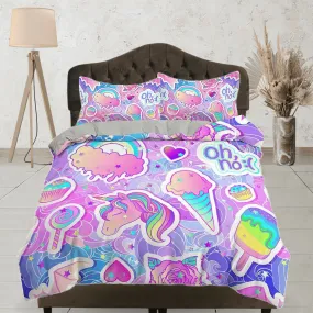 Unicorn Rainbow Colored Kids Duvet Cover Set, Colorful Toddler Bedding, Kids Bedroom, Cute Ice Cream Bedding, King Queen Full Twin Single