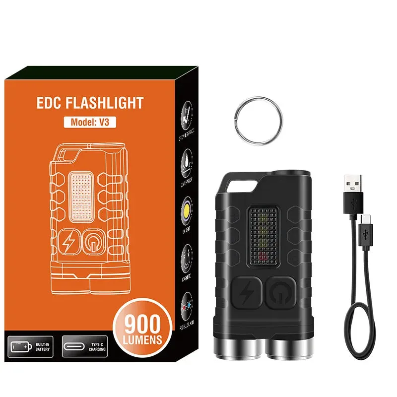 V3 EDC Keychain Light Flashlight Portable Mini Torch 900 Lumens USB Rechargeable Outdoor Emergency Work Light Camping Lantern