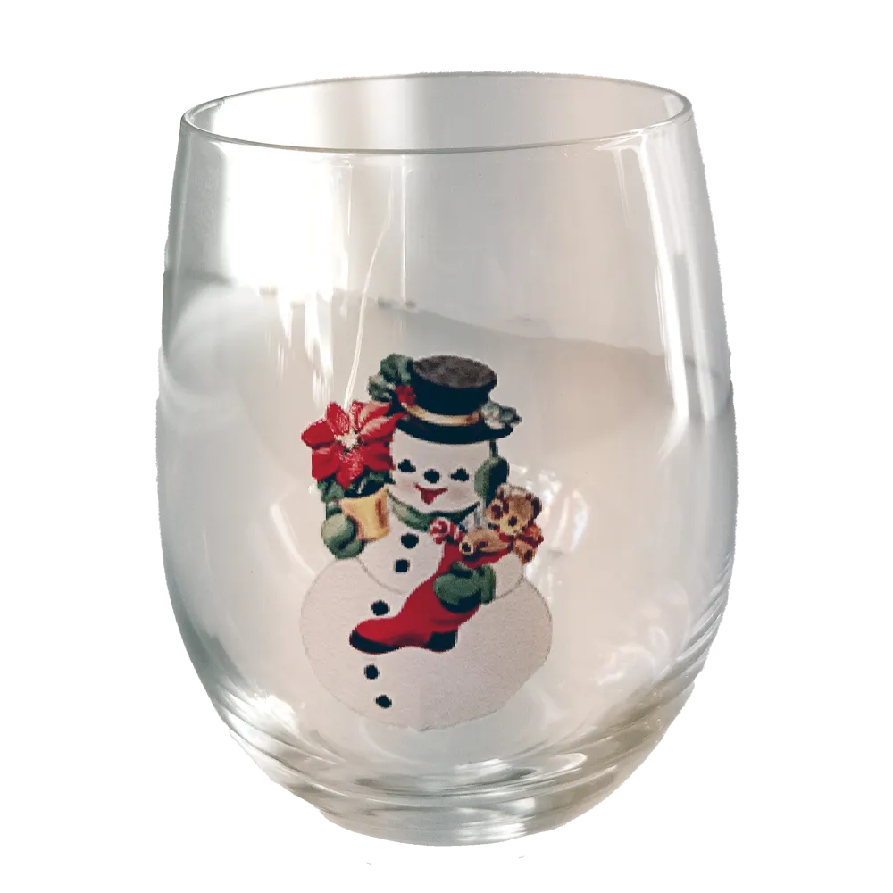 Vintage Snowman Stemless Wine Glass