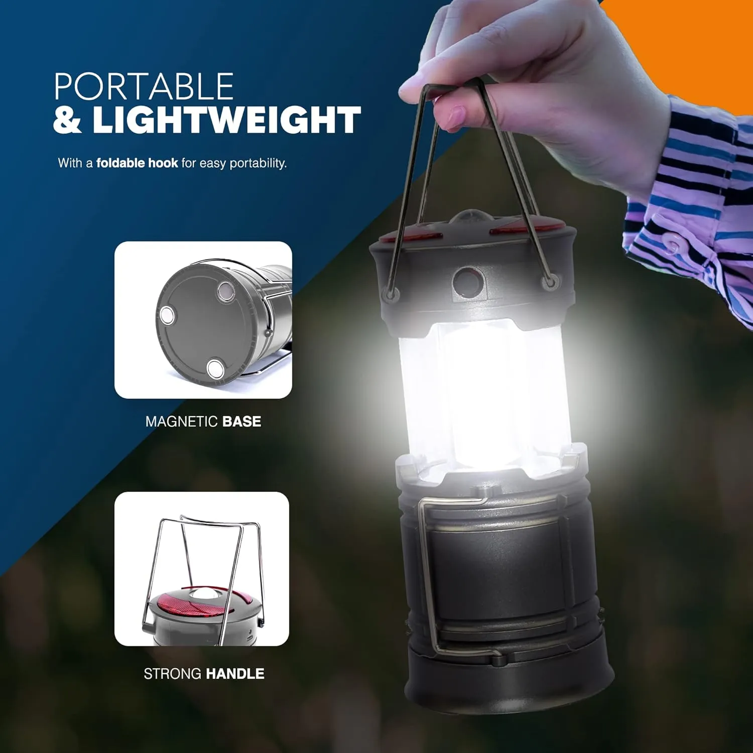 Voyager 6-in-1 Portable Camping Lantern (2-Pack) – Compact, Rechargeable Camping Lights with Torch, Strobe, SOS Red Light, Water-Resistant Design, Strong Hook & Magnetic Base