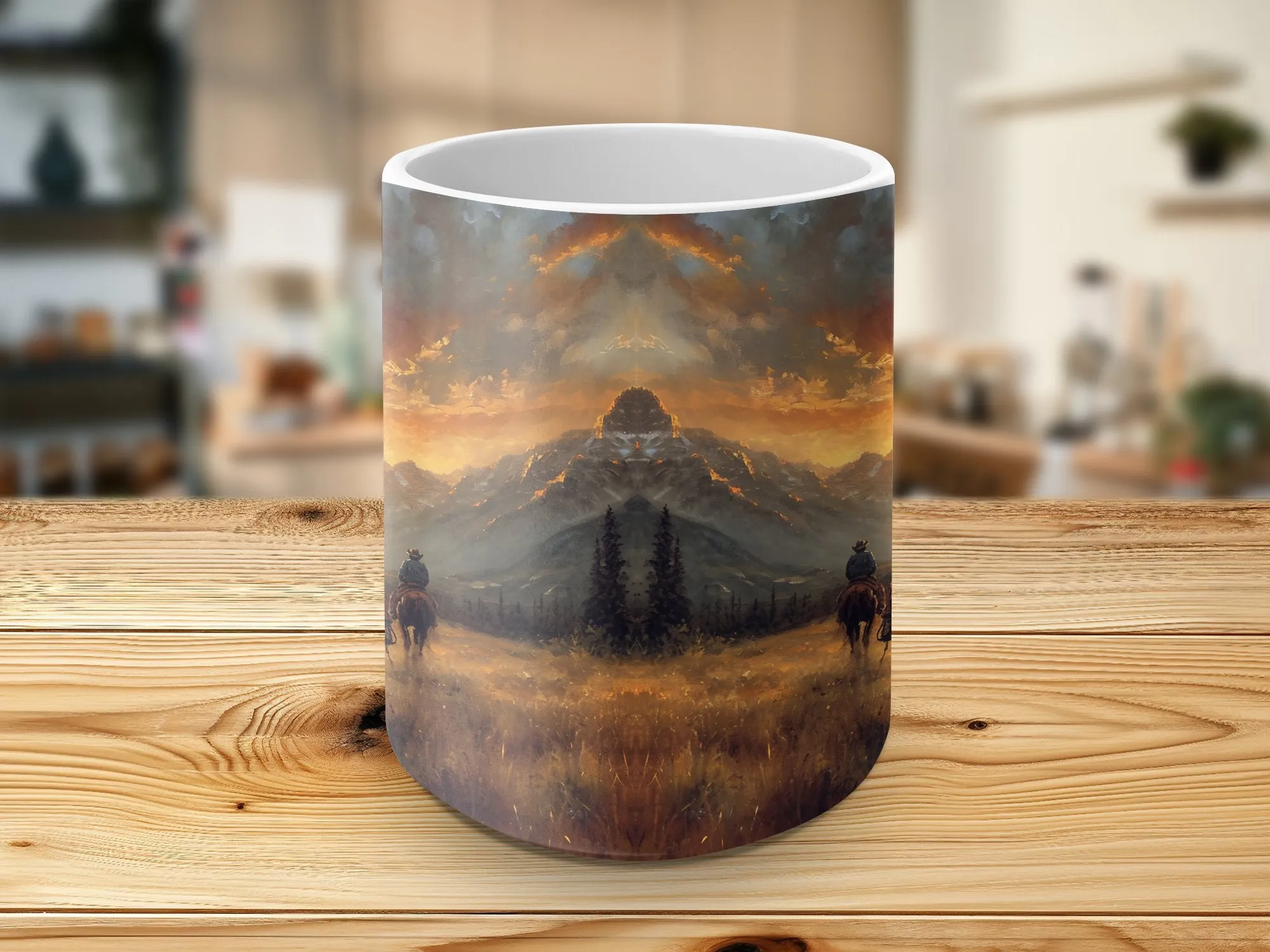 Western Sunset Cowboys Riding in Mountains Scenic Landscape Coffee Mug, Rustic Kitchen Decor, Unique Artistic Gift