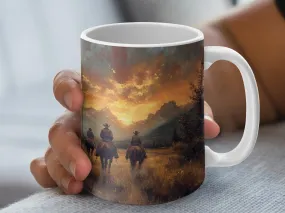 Western Sunset Cowboys Riding in Mountains Scenic Landscape Coffee Mug, Rustic Kitchen Decor, Unique Artistic Gift