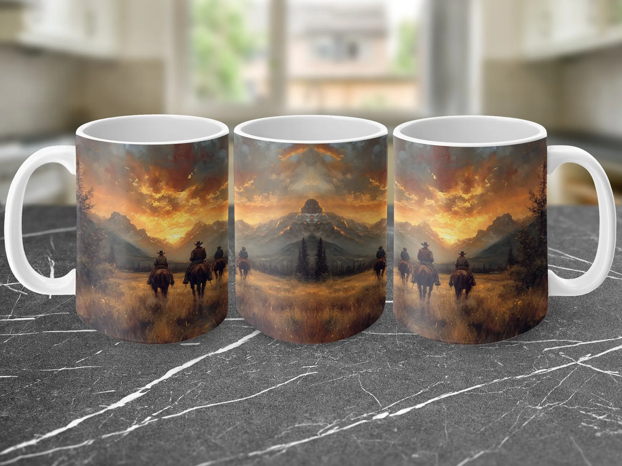 Western Sunset Cowboys Riding in Mountains Scenic Landscape Coffee Mug, Rustic Kitchen Decor, Unique Artistic Gift