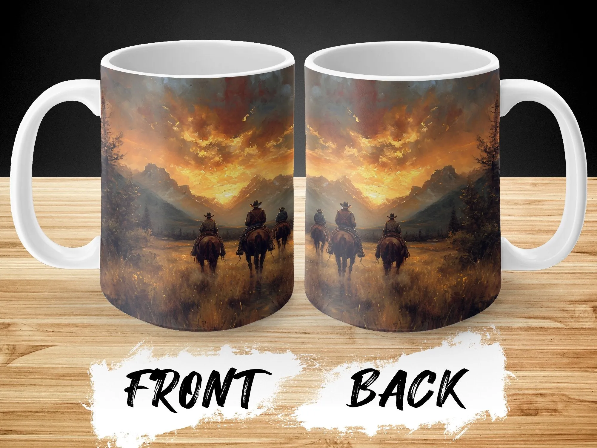 Western Sunset Cowboys Riding in Mountains Scenic Landscape Coffee Mug, Rustic Kitchen Decor, Unique Artistic Gift