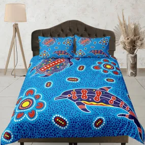 Whimsical dolphin colorful coastal grandma blue duvet cover nautical bedding set full queen king, aesthetic room decor, ocean lover gift