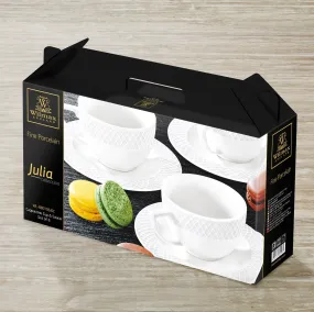 White 6 Oz Cappuccino Cup & 5.5" inch Saucer Set Of 6 In Gift Box