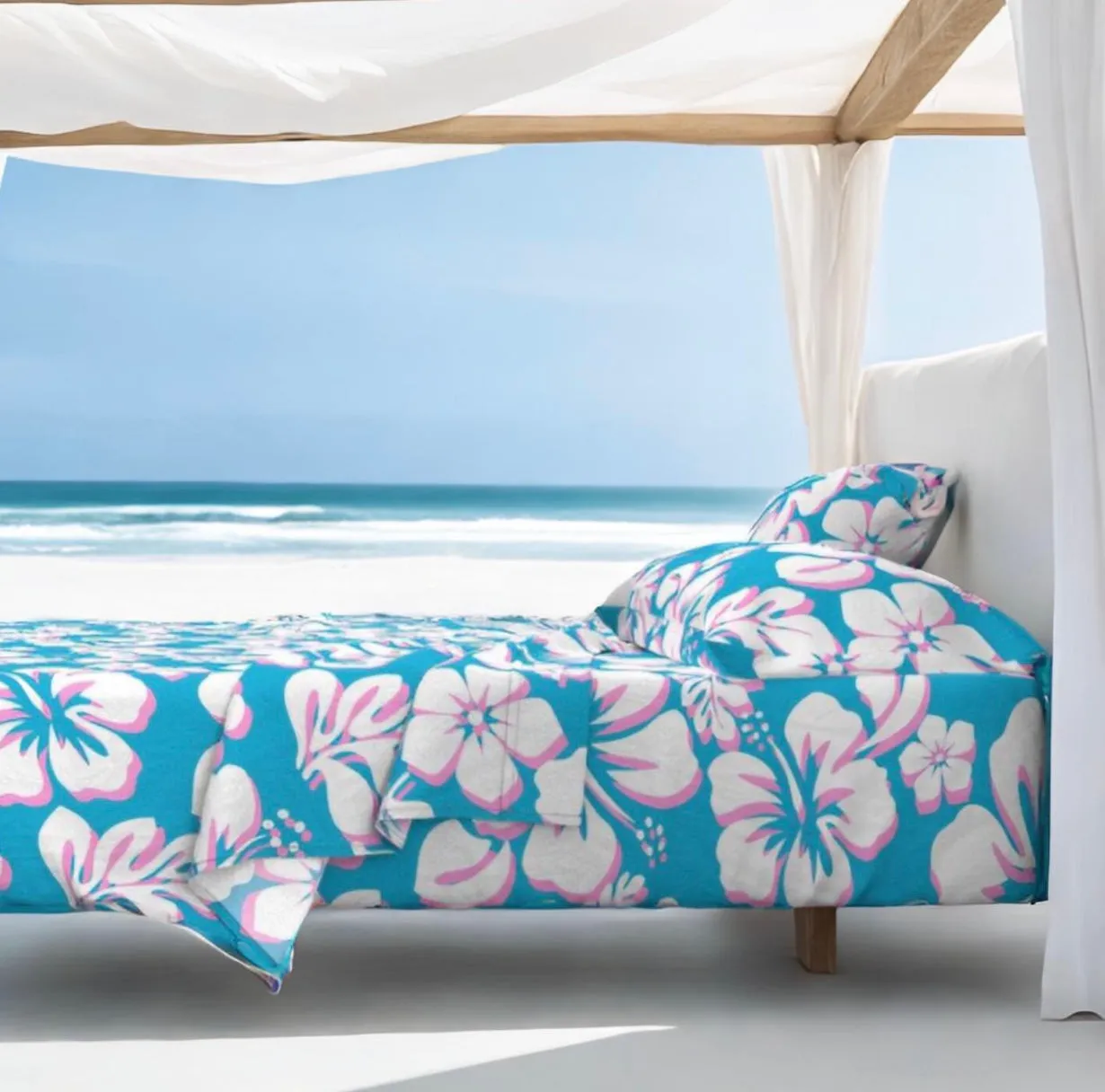 White and Soft Pink Hawaiian Flowers on Aqua Ocean Blue Sheet Set from Surfer Bedding™️ Medium Scale