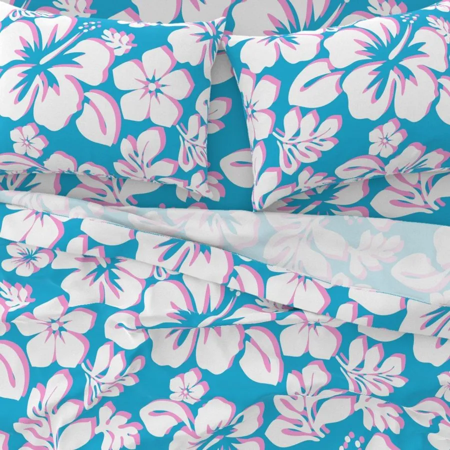 White and Soft Pink Hawaiian Flowers on Aqua Ocean Blue Sheet Set from Surfer Bedding™️ Medium Scale