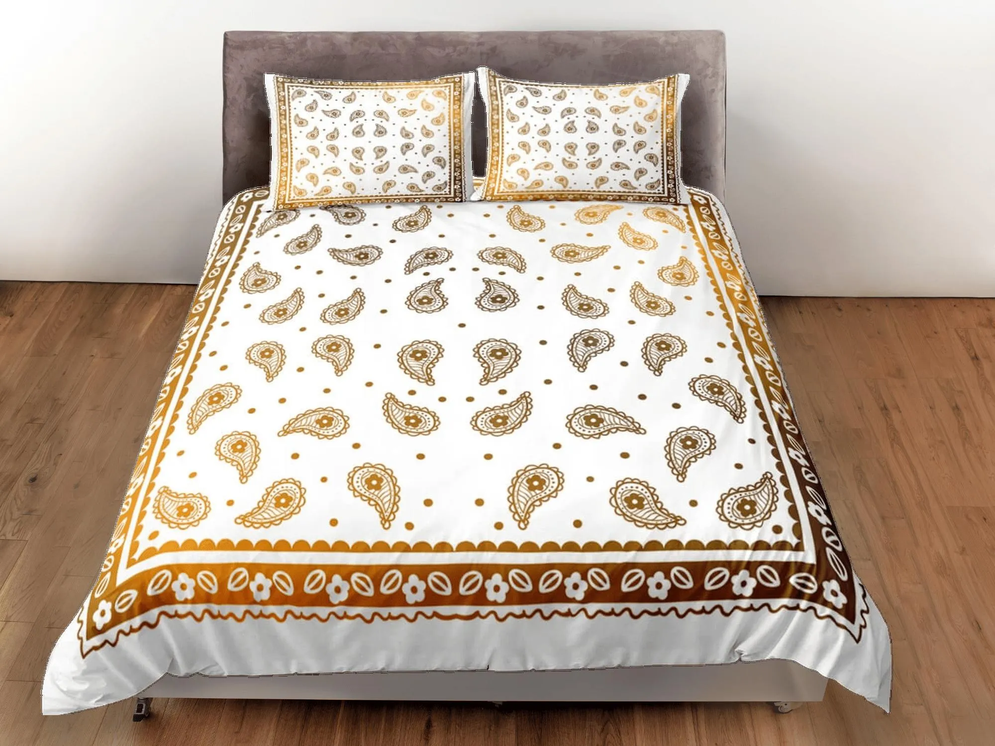 White bronze bandana paisley duvet cover set, aesthetic room decor bedding set full, king, queen size, abstract boho bedspread, luxury cover