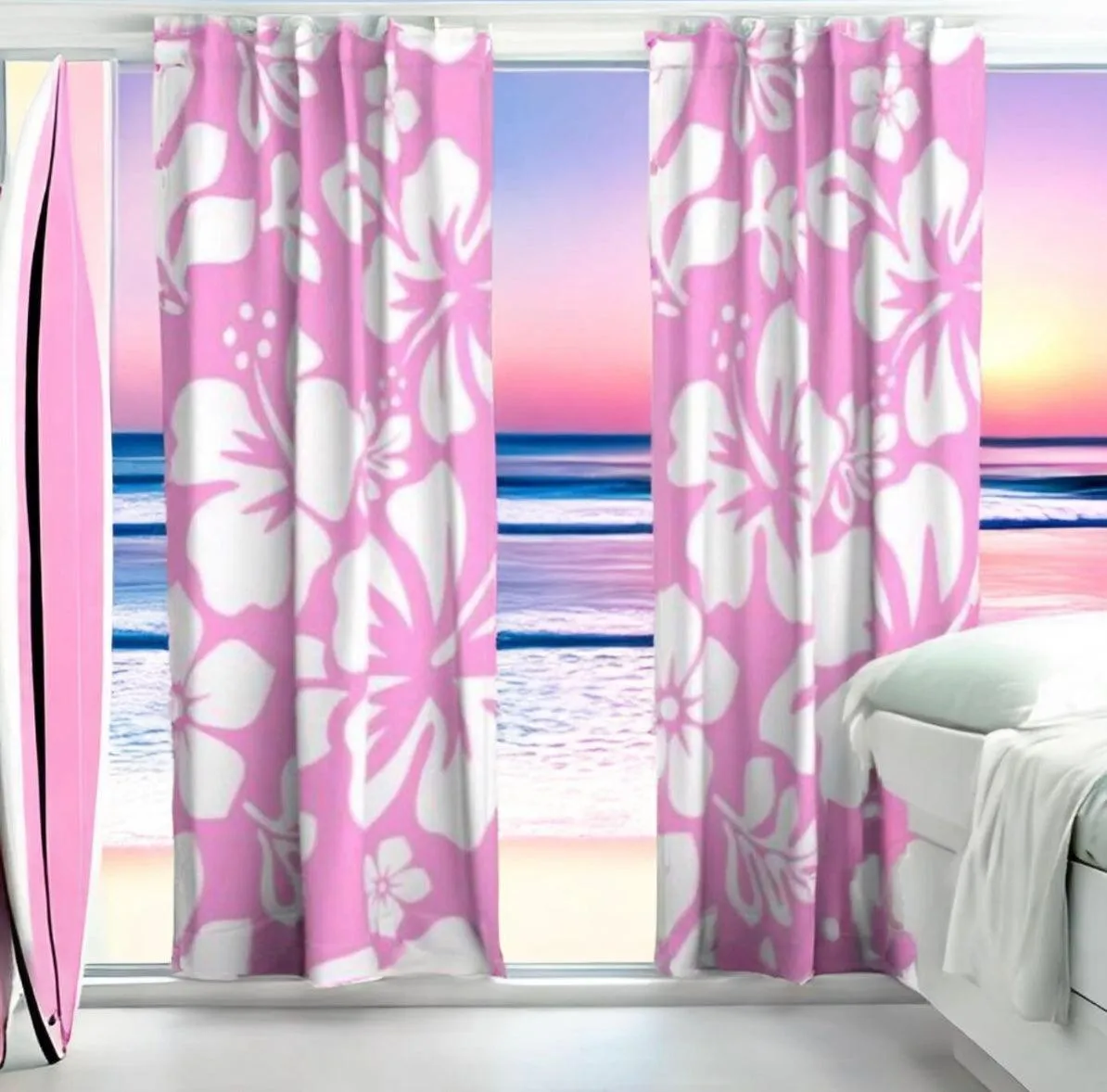 White Hawaiian Flowers on Soft Pink Sheet Set from Surfer Bedding™️ Large Scale