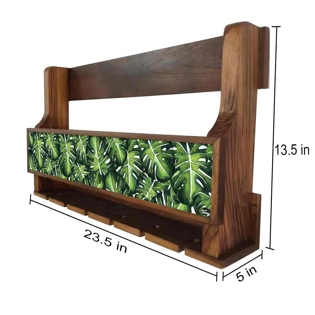 Wooden Wine Glass Wall Rack Cabinet for Living Room 5 Bottles 6 Glasses - Monstera Leaves