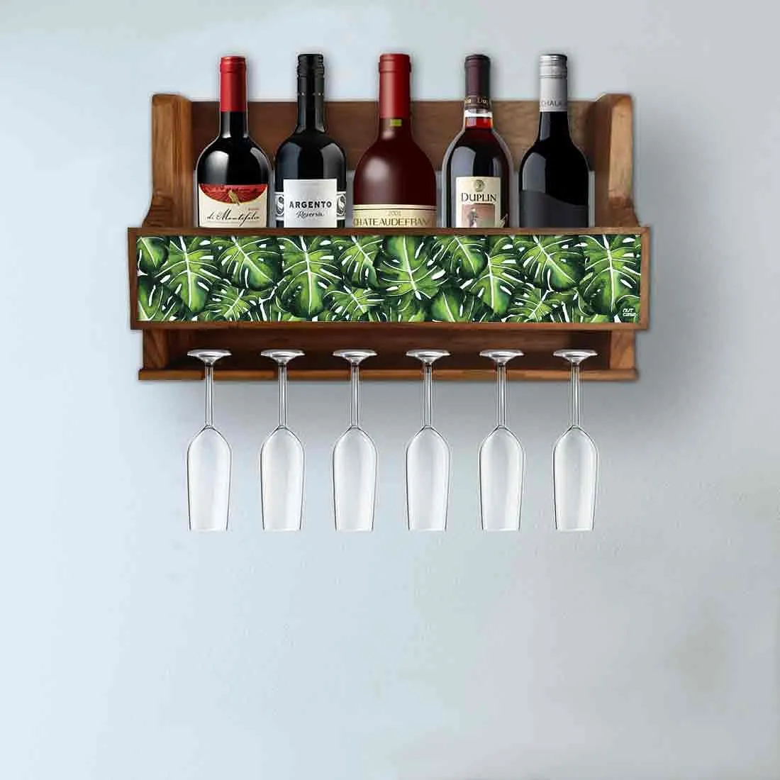 Wooden Wine Glass Wall Rack Cabinet for Living Room 5 Bottles 6 Glasses - Monstera Leaves