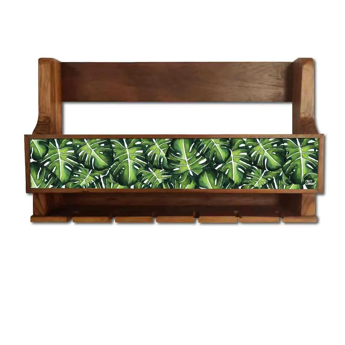 Wooden Wine Glass Wall Rack Cabinet for Living Room 5 Bottles 6 Glasses - Monstera Leaves