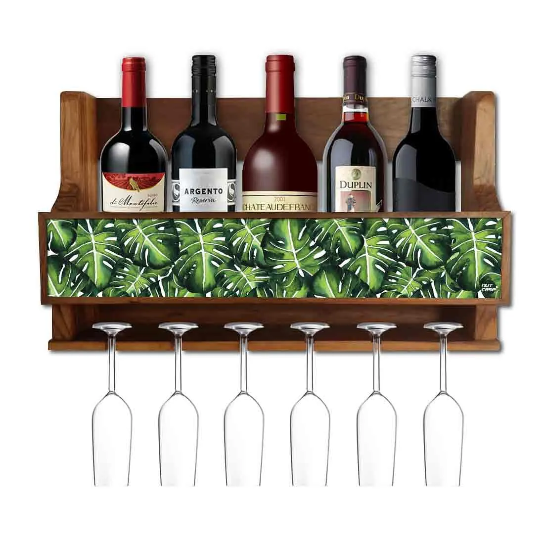 Wooden Wine Glass Wall Rack Cabinet for Living Room 5 Bottles 6 Glasses - Monstera Leaves