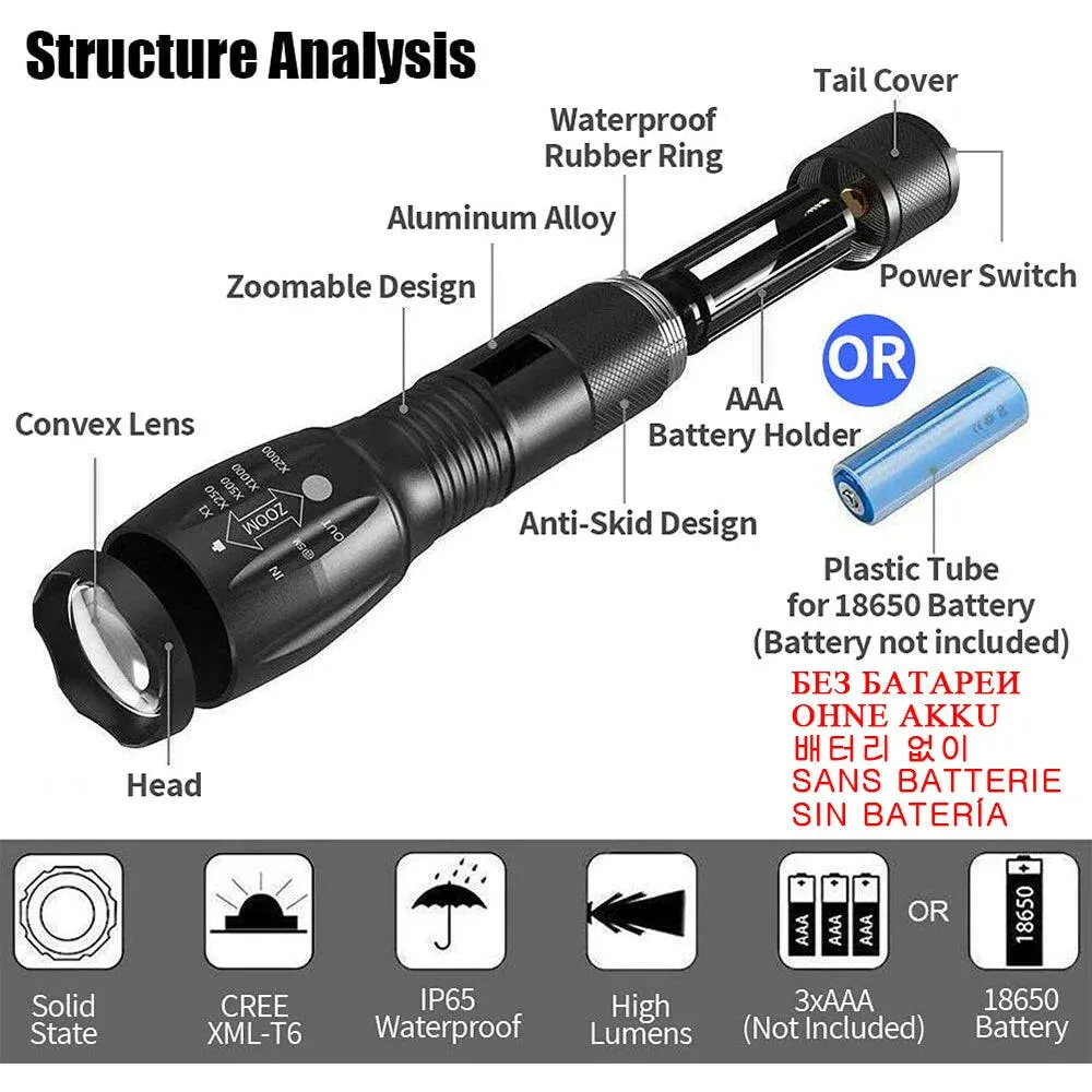 XML-T6 LED Powerful Flashlight Waterproof Lantern Torch Use 18650 Rechargeable Battery Portable Camping Tactical Flash Light